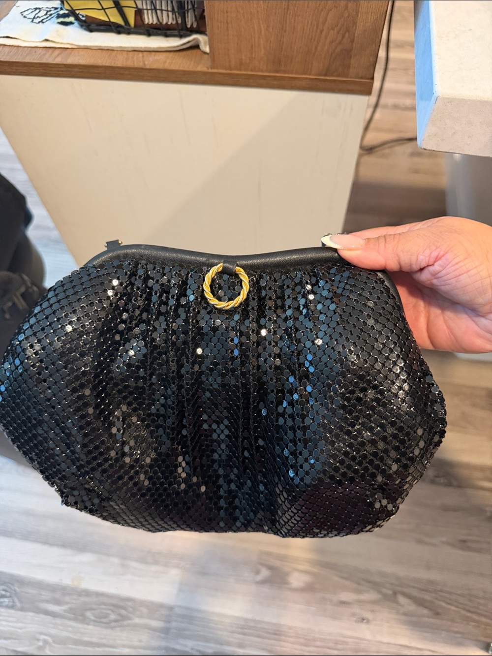 Black Sequin Evening Clutch with Gold Accent
